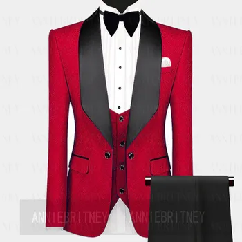 2021 Nov Modni Rdeči Jackquard Poroka Obleke Saten Šal River Za Moški 3 Kos Jopičem Jakno, Hlače Veat Meri Blazerji Set