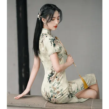 2023 Cheongsam Poletje Novo Ledeno Svile Qipao Obleko Tričetrt Rokavi, Dolge Spremenjen Strani Osem-Gumb Tradicionalni Kitajski Stil