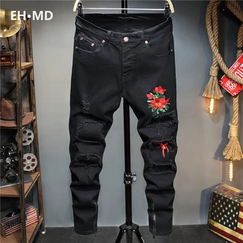 EH·MD Rose Vezene Jeans za Moške Nosite 3D Votlo Luknjo, Majhna Stopala Hlače Hip Hop motorno kolo Popravila Ulica Mehko Visoko Elastična 024
