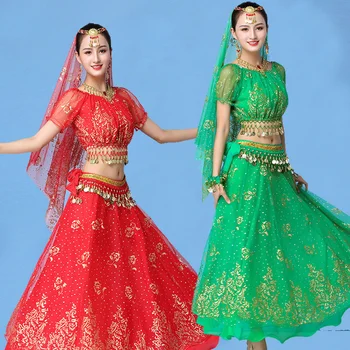 Vzhodno Indijski Ples Nositi Kratke Rokave Ples Trebuh Kostum Set Za Ženske Zelena Bollywood Ples Obleke