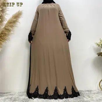 Bližnjem Vzhodu, Islamski Dolg Rokav Vezenine Spredaj Gubam Moda Muslimansko Obleko Dubaj Obleko Turkiye Jilbab Femme Musulman Abaya