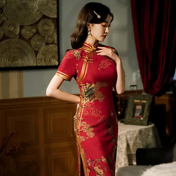 Yourqipao 2023 Poletje Rdeče Cheongsam Stojalo Ovratnik Moda Reteo Qipao Kitajski Tradicionalni Slog Večerno Obleko Tang Obleko za Ženske