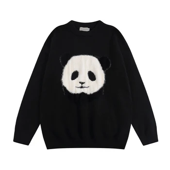 Nov Prihod INS Kitajski Natisnjeni Panda Jacquardske Puloverju Moške Zimske Cityboy Slouchy Krog Vratu Long Sleeve Jopica