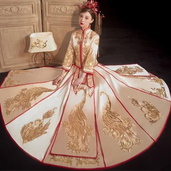 Ženske Orientalski Phoenix Lepe Sequins Bling Stranka QiPao Luksuzni Ancient Royal Kitajski Stil Poročne Obleke Nevesta Cheongsam
