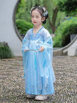 Dekleta Otrok Kitajski Slog Modra Vezenje Obleko Antične Pravljice Karneval Cosplay Kostum Hanfu Fazi Obrabe