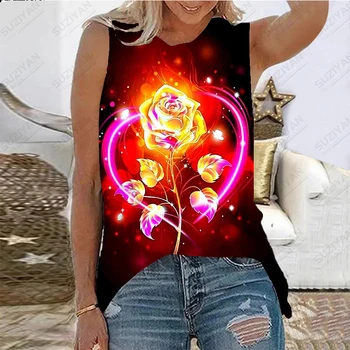 2023 Poletje Nove Ženske brez Rokavov Vrhu Rezervoarja za Valentinovo Rose T-shirt 3D Tiskanja Plaži Priložnostne Svoboden Slog Žensk Puloverju Vrh