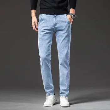2023 Pomlad Novih Moških Modra Redno Fit Jeans Stretch Tkanina Smart Casual Traper Hlače Anti-theft Zadrgo Design Moške blagovne Znamke Hlače