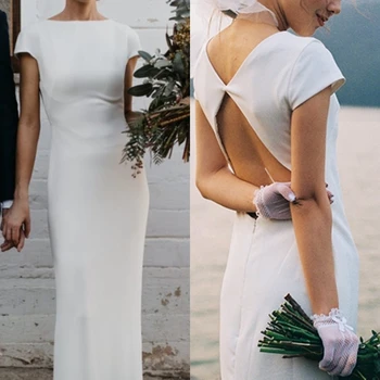 Preprost Saten Tulec Poročne Obleke Odpri Nazaj Navadne Bele Elegantne Poročne Obleke Skp Rokavi Dolgo Nazaj Režejo Haljo De Mariée Po Meri