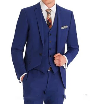 Visoka Kakovost Groomsmen Zarezo River Ženina Tuxedos Royal Modre Moške Obleke, Poročni/Prom/Večerja Najboljši Moški Jopič(Suknjič+Hlače+Kravato+Telovnik)