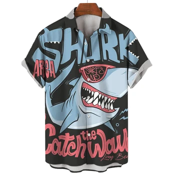Moška Majica Poletje Kratka Sleeved Majico Animacija Shark Natisnjeni Srajce Moda Priložnostne Vrhovi Harajuku Svoboden Prevelik Moških Oblačil