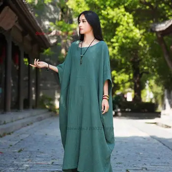 2023 kitajski traiditional obleka ženske letnik zen meditacija obleko retro a-line ohlapno obleko orientalski folk dolgo obleko ulične