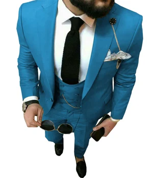 Moške Srebrno Siva, Poslovne Obleke, 3 Kosov Redno Fit Zarezo River Maturantski Modra Dvojno Tuxedos Za Poroko Ženina (Blazer+Hlače+Telovnik)