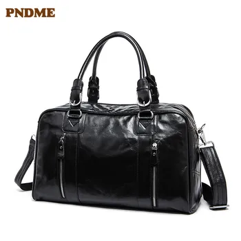 PNDME black pravega usnja za moške, ženske potovalna torba moda preprost cowhide visoko kakovost torbici prtljage vrečko športna duffel torba