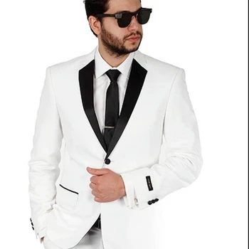 Bela slim business casual 2-kos obleko s črnimi zarezo river ženina poročna Tailcoat formalno moške stranka obleko (suknjič+hlače