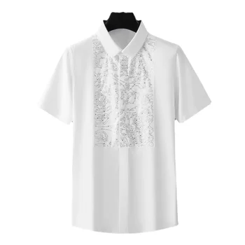 Nov poletni sprednji plošči simetrični vroče diamond premije za kratek sleeved srajca moški slim fit priložnostne dnom diamond-nastavite belo srajco