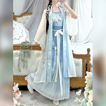 Hanfu Obleka Ženske Kitajske Tradicionalne Tiskane Hanfu Študent Halloween Cosplay Kostum Hanfu Modra 3pcs Določa