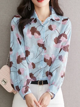 Tiskanje ženska Majica Poletje Pomlad Long Sleeve Zgornji del Ženske korejski Moda Letnik beloprsi Singl Šifon Srajce & Bluze