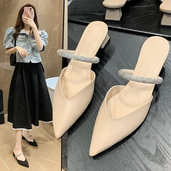 2023 Moda Visoko Peto Mul Ženske Japonke Zaprta Sodobno Strani Poletni Čevlji Ženske Sandale Konicami Prstov Kristalno Copate