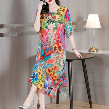 Ženske Cvetlični Svile Kratek Rokav Midi Obleko Poletje Moda Svetlobe Priložnostne Svoboden Prom Oblačenja 2023 Korejski Elegantno Elegantno Stranka Obleko