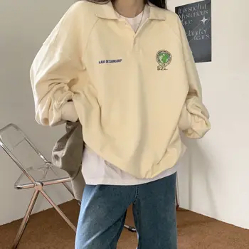 Vintage Prevelik Sweatshirts Priložnostne Harajuku Vrh Preppy korejski Modna Ženska Polo Puloverji Srčkan Ulične Vse-ujemanje