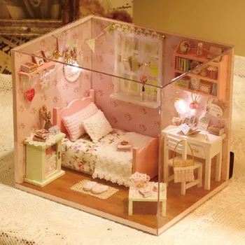 Diy Lutke Za Otroke Rojstni dan Darilo Mini Lesene Dollhouses Lutke Pohištvo Komplet Glasba Hiša Led Igrače p222