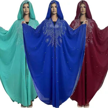 Muslimanski Šifon Beading Tam Kaftan Abaya Ženske Dubaj Turški Hooded Obleko Afriške Obleke Maxi Dashiki Svoboden Boubou Haljo Obleke Caftan
